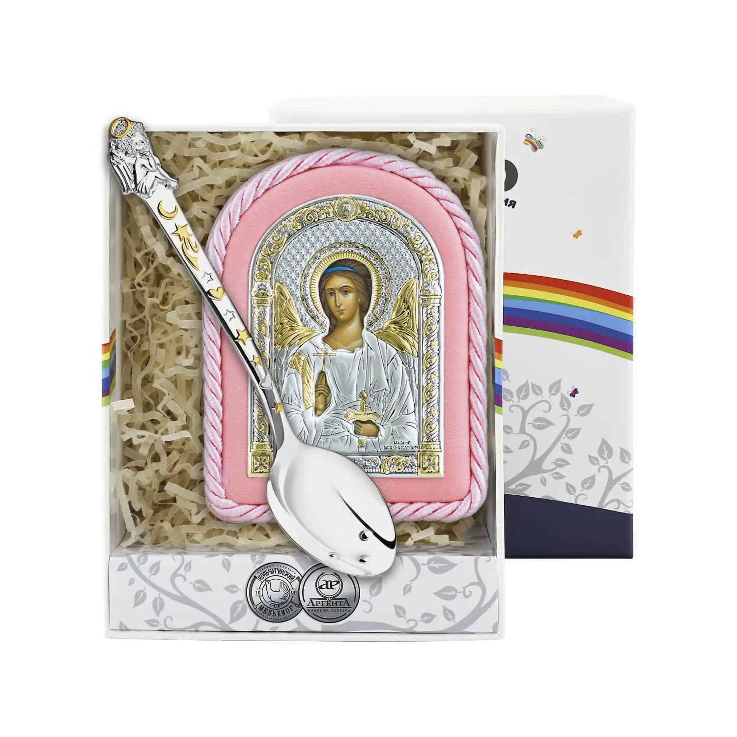 Изображение Набор детский "Ангел хранитель" (икона розовая, ложка с позолотой) (Серебро 925)