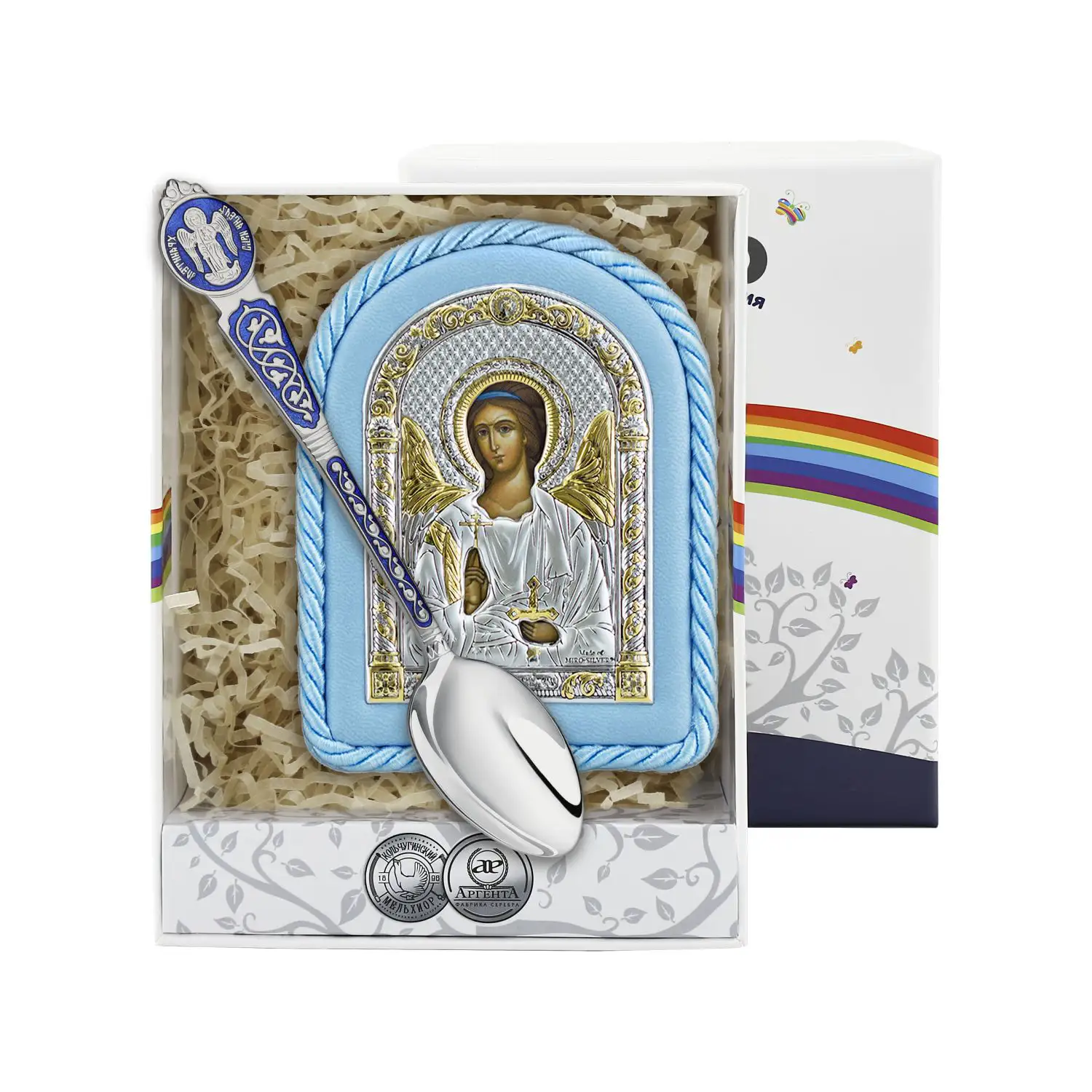 Изображение Набор детский "Ангел хранитель" (икона голубая, ложка с синей эмалью) (Серебро 925)