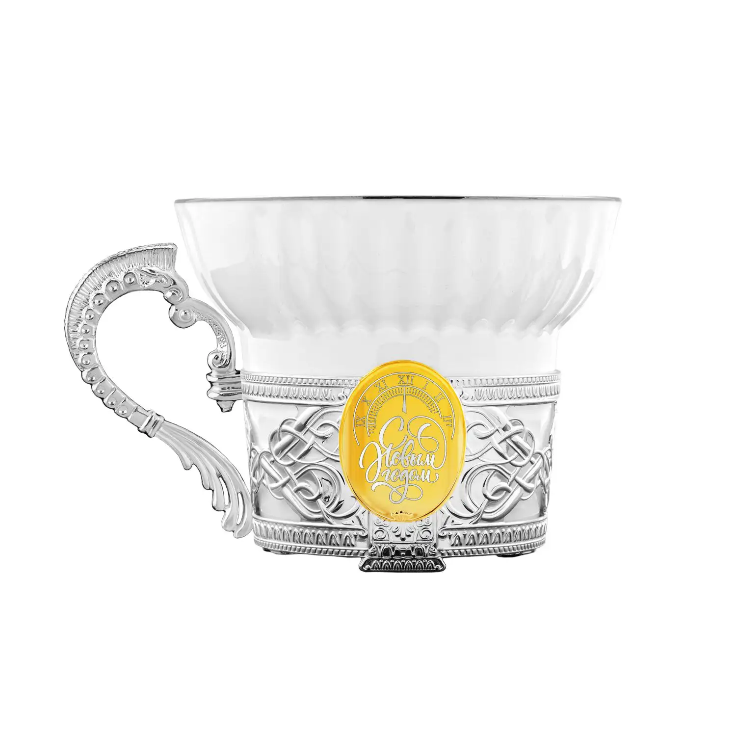 Фото Набор чайный "Куранты" с позолотой: ложка, чашка в футляре (Серебро 925) №6
