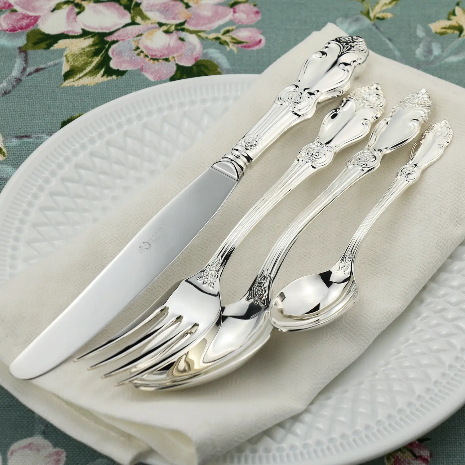 Набор столовый 38 предметов "Серебряная Роза": вилка, ложка, нож, чайная ложка посеребренный с сервировкой для рыбы